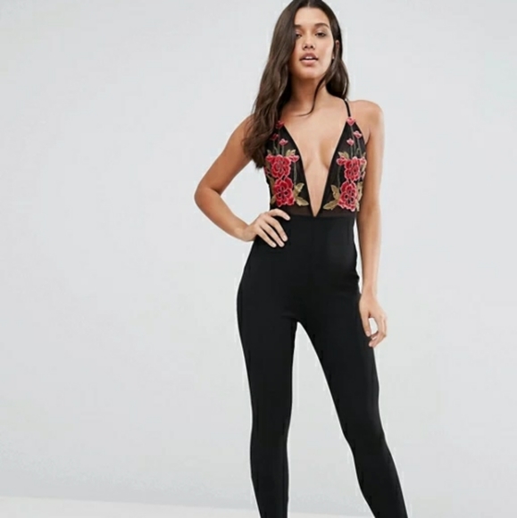 Missguided Pants - NWT Missguided Embroidered Mesh Plunge Jumpsuit